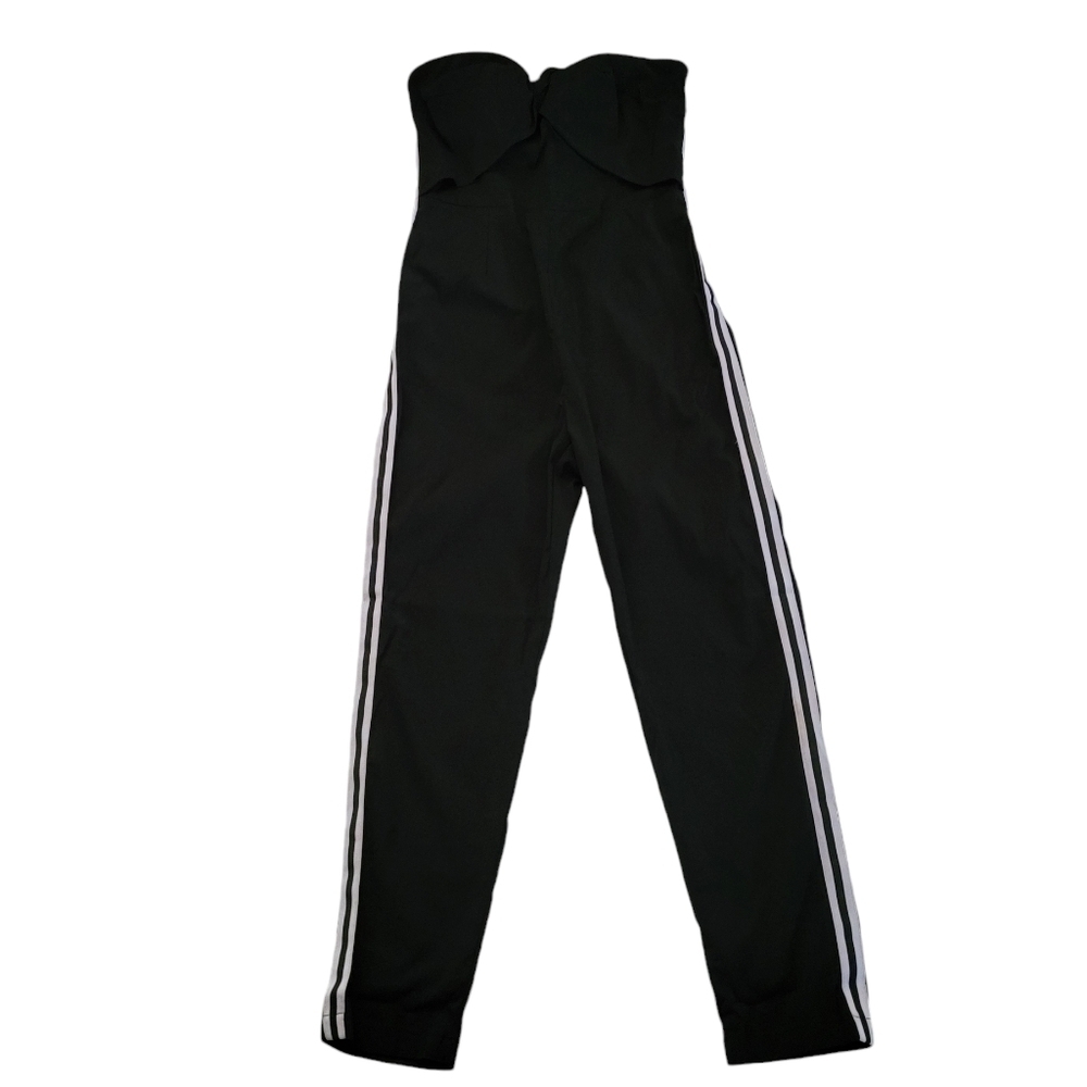 NWT UNIQ Black Strapless Ankle Lenght Jumpsuit Romper w/Side Stripe